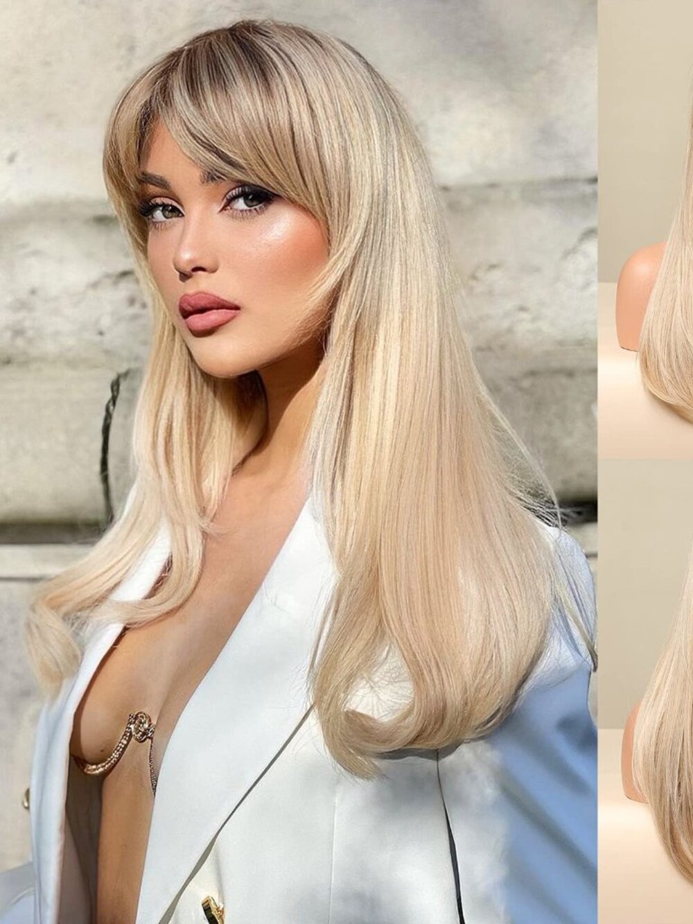 Honygebia Long Blonde Wig with Bangs - Ombre Dark Root Blonde Wig